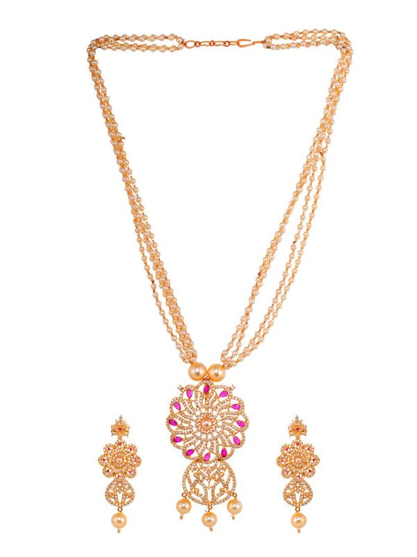 Saraf RS Jewellery Gold-Plated White & Pink American Diamond Studded & Beaded Handcrafted Set Hot on Sale