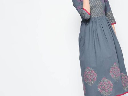 Cheera Hand Block Print Gray Color Anarkali Kurta Online now