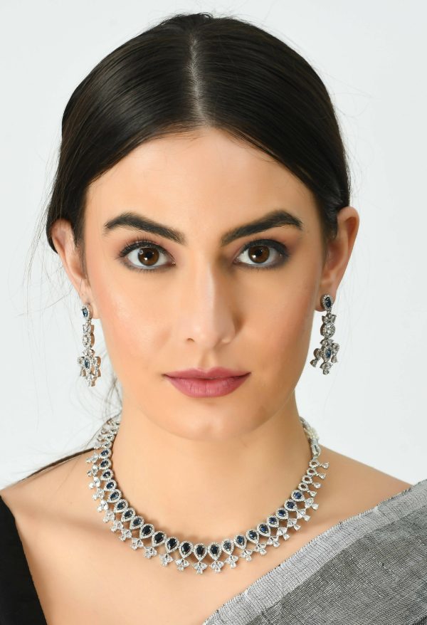 Mominos Fashion Johar Kamal Silver-Plated American Diamond Silver Blue Choker Set For Discount