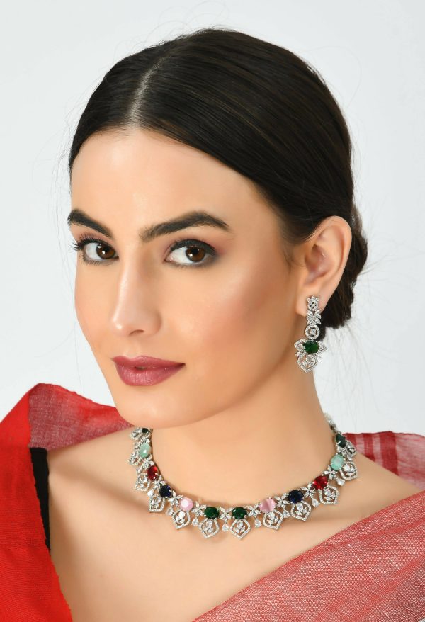 Mominos Fashion Johar Kamal Silver-Plated American Diamond Multi Colour Choker Set For Sale