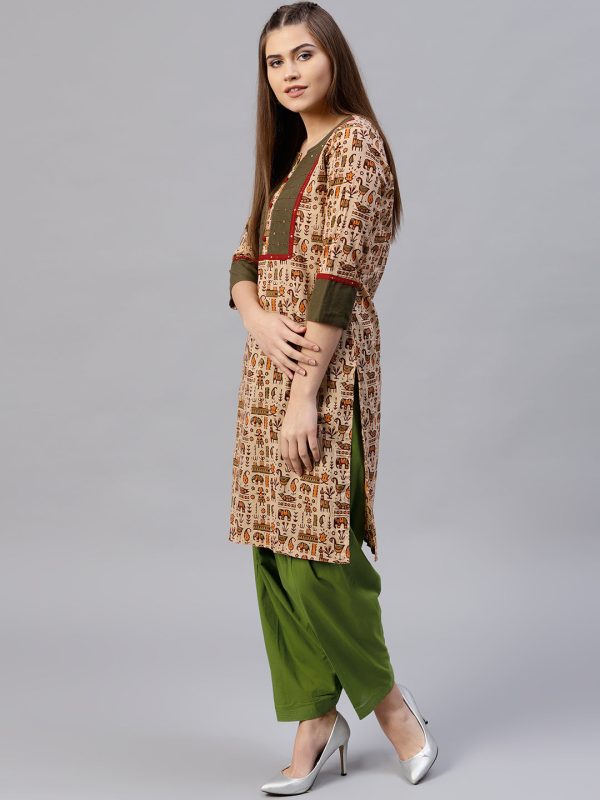 Jaipur Kurti Women Beige & Green Printed Kurta with Salwar & Dupatta For Sale