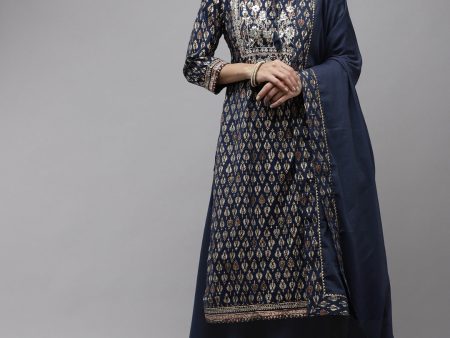 Ishin Women Navy Blue Floral Embroidered Regular Gotta Patti Pure Cotton Kurta with Palazzos & With Dupatta For Cheap