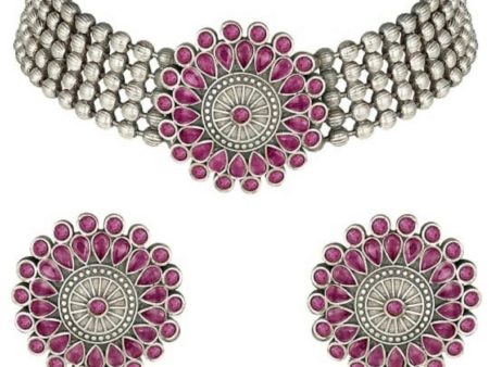 Mominos Fashion Johar Kamal Oxidised Silver-Plated Brass Finish Kundan Choker For Women (Pink) Online now