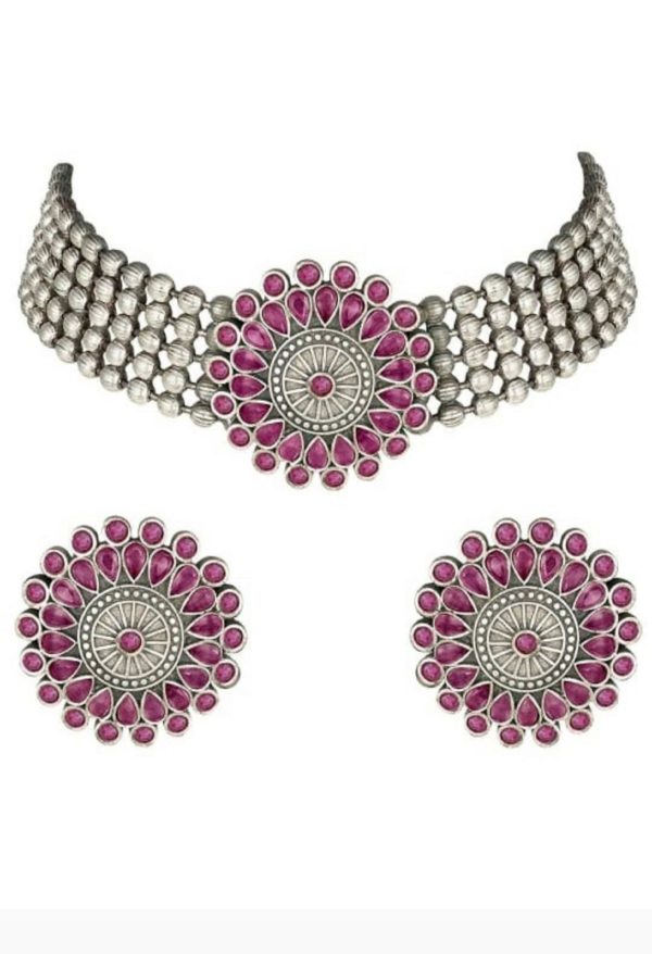 Mominos Fashion Johar Kamal Oxidised Silver-Plated Brass Finish Kundan Choker For Women (Pink) Online now