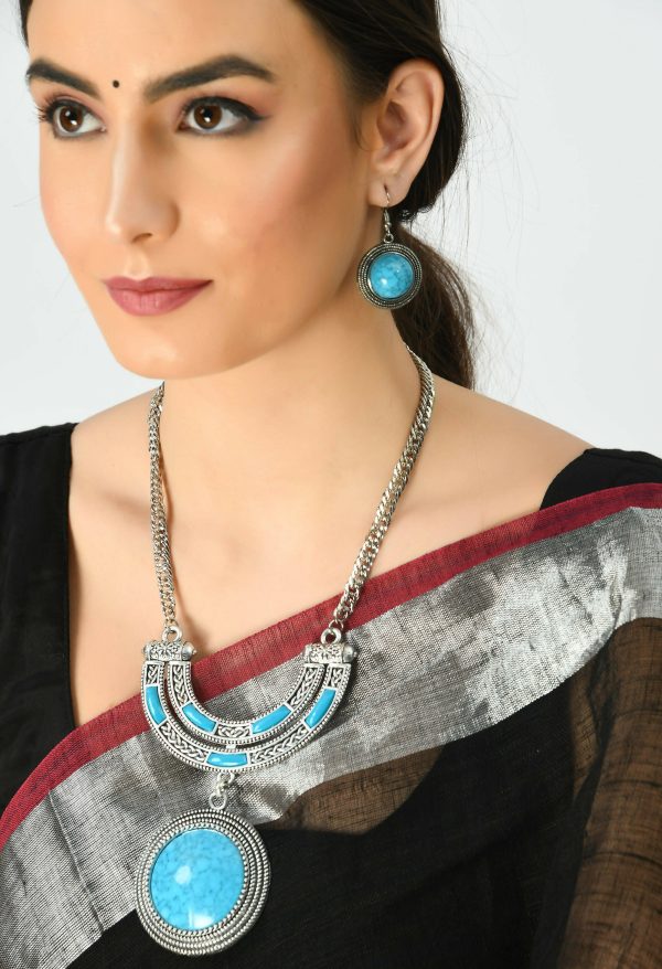 Mominos Fashion Johar Kamal Oxidised Silver-Plated Stone Work Long Necklace Handicraft Sky Blue on Sale