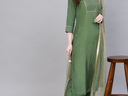 Jaipur Kurti Women Green & Golden Yoke Design Handloom Kurta with Trousers & Dupatta Online Sale