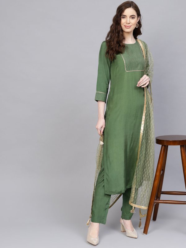 Jaipur Kurti Women Green & Golden Yoke Design Handloom Kurta with Trousers & Dupatta Online Sale