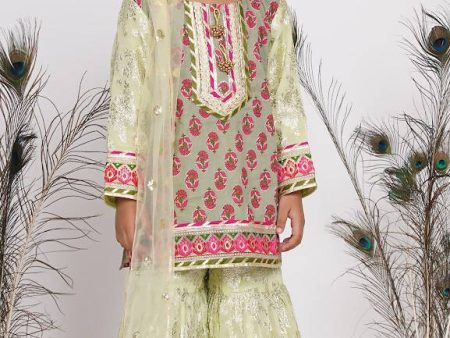 Little Bansi Girls Banarsi Cotton Turkish Lacework Kurta with Foil Sharara & Dupatta - Green Hot on Sale