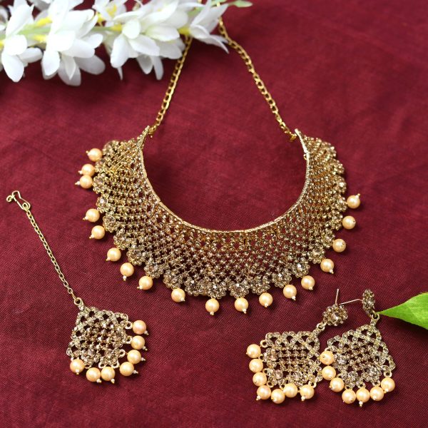 Mominos Fashion Johar Kamal Traditional Rajwadi Design Heavy Golden Color Necklace Set For Discount