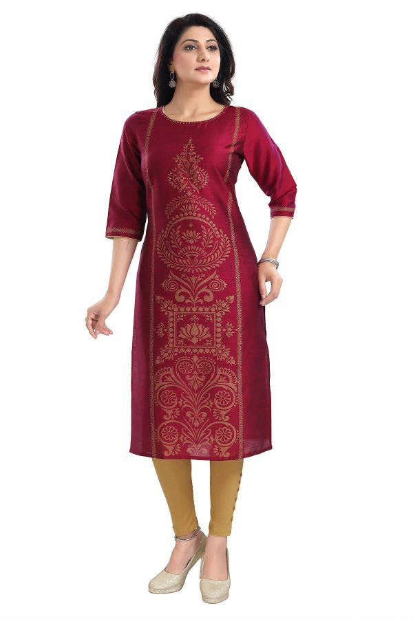 Snehal Creations Majenta Raw Silk Block Print Long Kurta For Women Hot on Sale