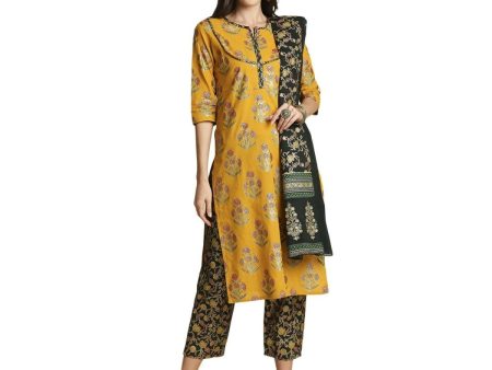 Anubhutee Women s Cotton Regular Floral Printed Layered Mustard Kurta Set Sale