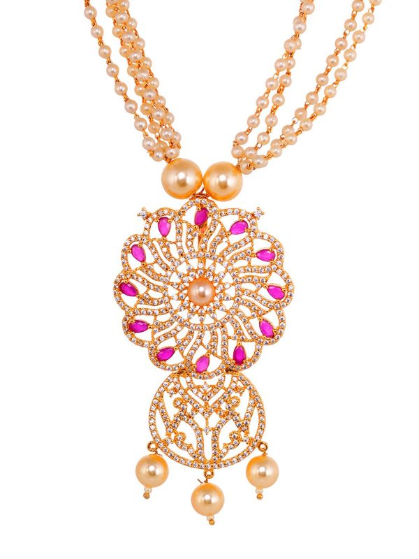 Saraf RS Jewellery Gold-Plated White & Pink American Diamond Studded & Beaded Handcrafted Set Hot on Sale