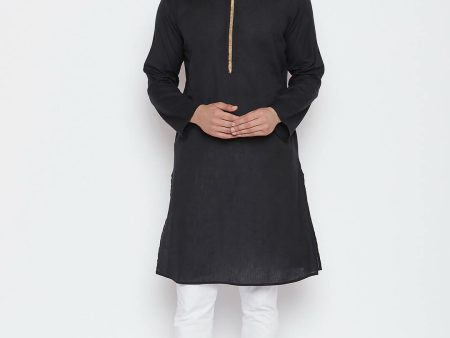 Even Apparels Black Color Pure Cotton Men s Kurta With Band Collar Sale