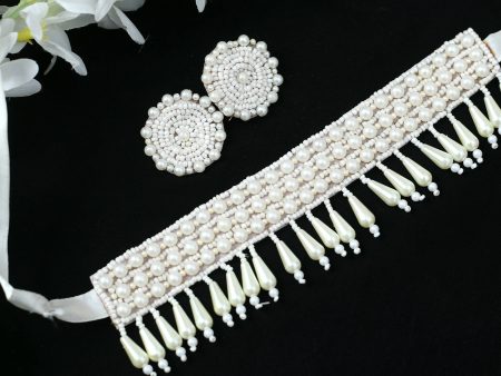 Mominos Fashion Johar Kamal Off White Handicraft Pearls Necklace with Earrings For Women Hot on Sale