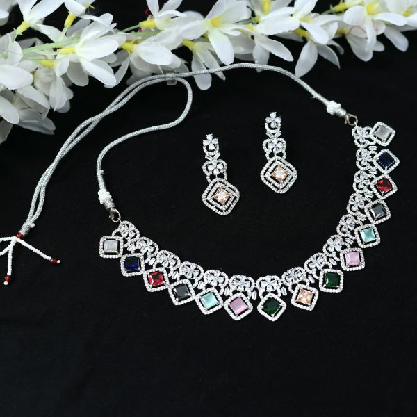 Mominos Fashion Johar Kamal Women Silver-Plated American Diamond Multi Colour Choker Set on Sale