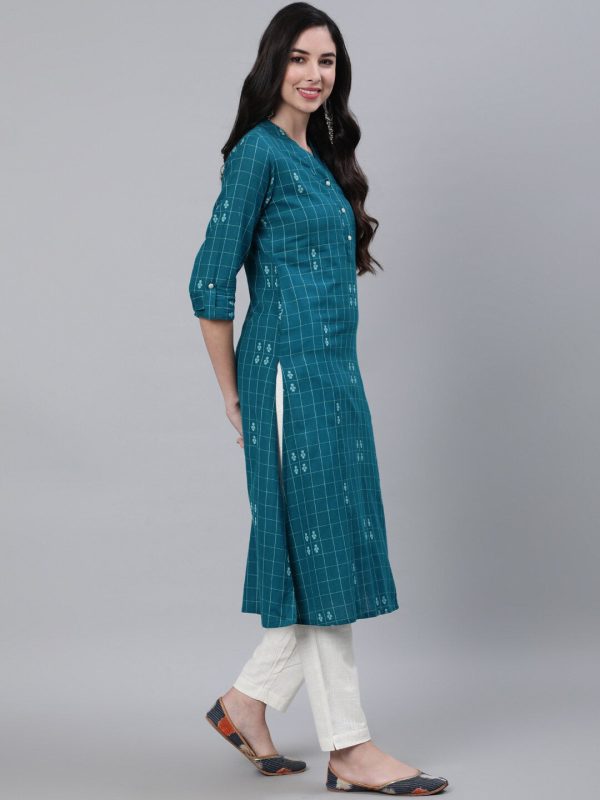 Jaipur Kurti Women Teal Checked Kurta Cheap