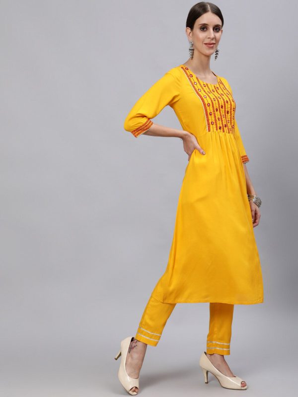 Jaipur Kurti Yellow & Red Yoke Design Mirror Work Women Kurta with Trousers & With Dupatta Online Sale