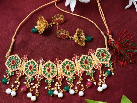 Mominos Fashion Johar Kamal Women Gold-Plated Brass Finish Meena & Pearls Work Choker Online Sale