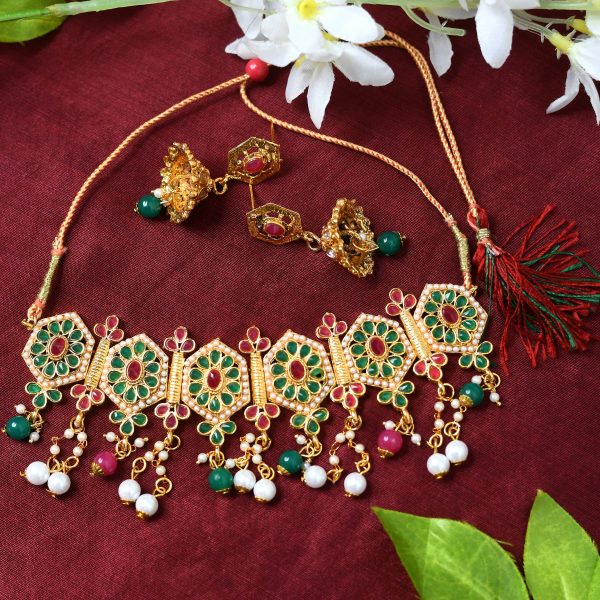 Mominos Fashion Johar Kamal Women Gold-Plated Brass Finish Meena & Pearls Work Choker Online Sale