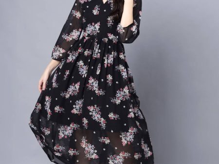 Myshka Black Floral Keyhole Neck Georgette Maxi Dress Fashion