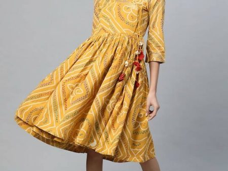 Anubhutee Mustard Yellow & White Bandhani Cotton Angrakha A-Line Dress Cheap