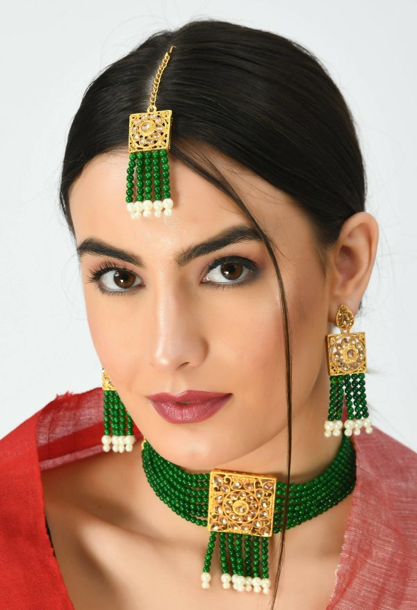 Mominos Fashion Johar Kamal Gold-Plated Kundan & Pearls Necklace Green Golden Color Choker Set Cheap