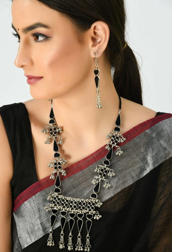 Mominos Fashion Johar Kamal Oxidised Silver-Plated Meenakari Long Necklace Set Supply