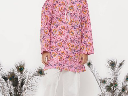 Little Bansi Boys Cotton Block Print Floral Kurta with Pearl Buttons & Pyjama in Pink & Cream Online now