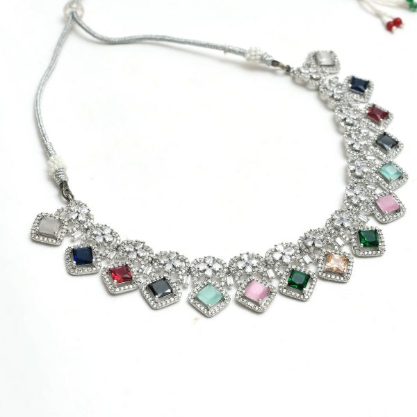 Mominos Fashion Johar Kamal Women Silver-Plated American Diamond Multi Colour Choker Set on Sale