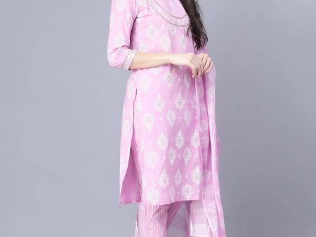 Myshka Cotton Printed 3 4 Sleeve Round Pink Women Kurta set For Discount