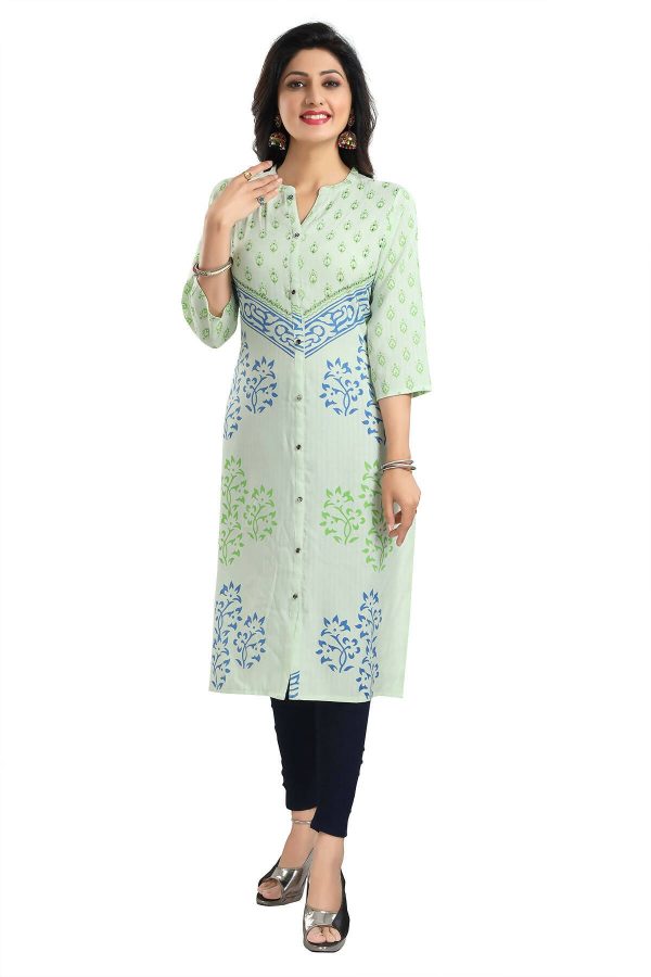 Snehal Creations Green Rayon Textured Print Long Kurta For Women For Sale