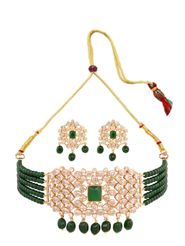 Saraf RS Jewellery Gold-Plated White & Green American Diamond Studded Choker Jewellery Set Online