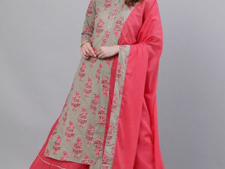 Ishin Women Green & Pink Printed Kurta with Sharara & Dupatta on Sale