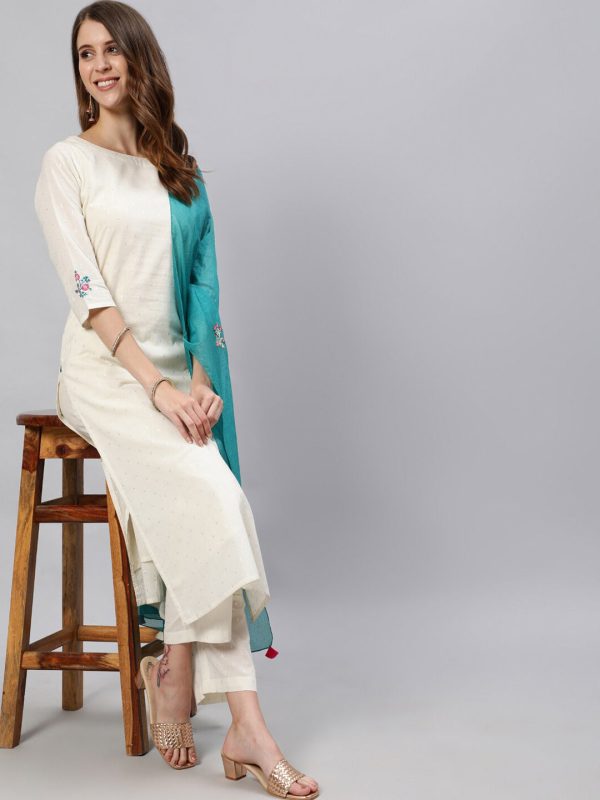 Jaipur Kurti Women White Pure Cotton Kurta with Trousers & With Dupatta For Discount