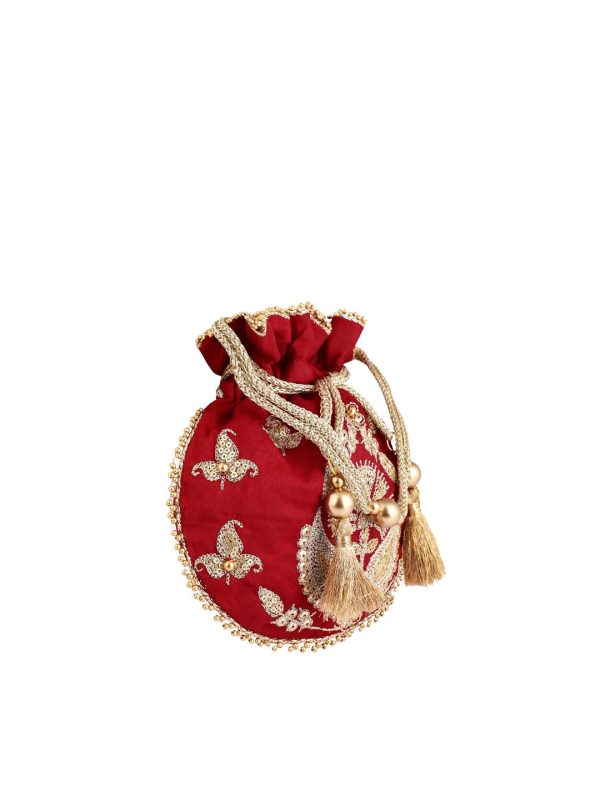 Masq Red & Gold-Toned Embellished Embroidered Potli Clutch Online now