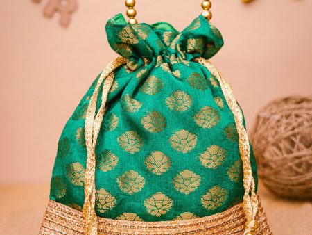 NR By Nidhi Rathi Green & Gold-Toned Banarasi Printed Potli Clutch on Sale