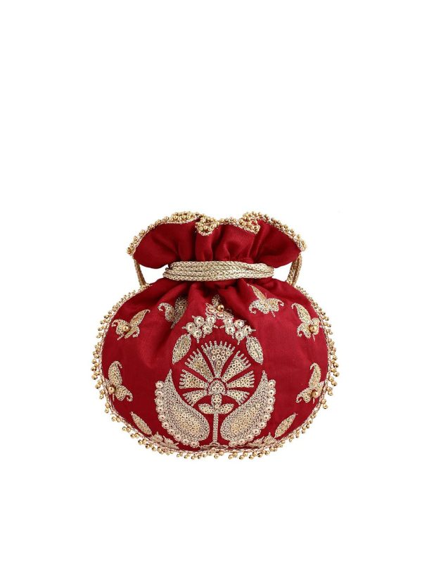 Masq Red & Gold-Toned Embellished Embroidered Potli Clutch Online now