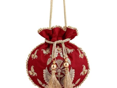 Masq Red & Gold-Toned Embellished Embroidered Potli Clutch Online now