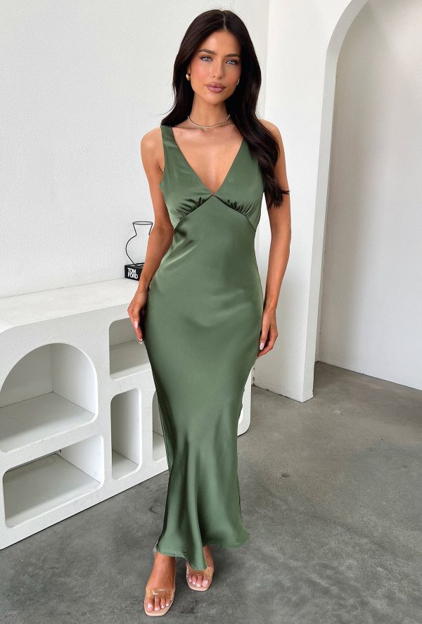 Delayne V-Neck Satin Midi Dress - Olive Online now