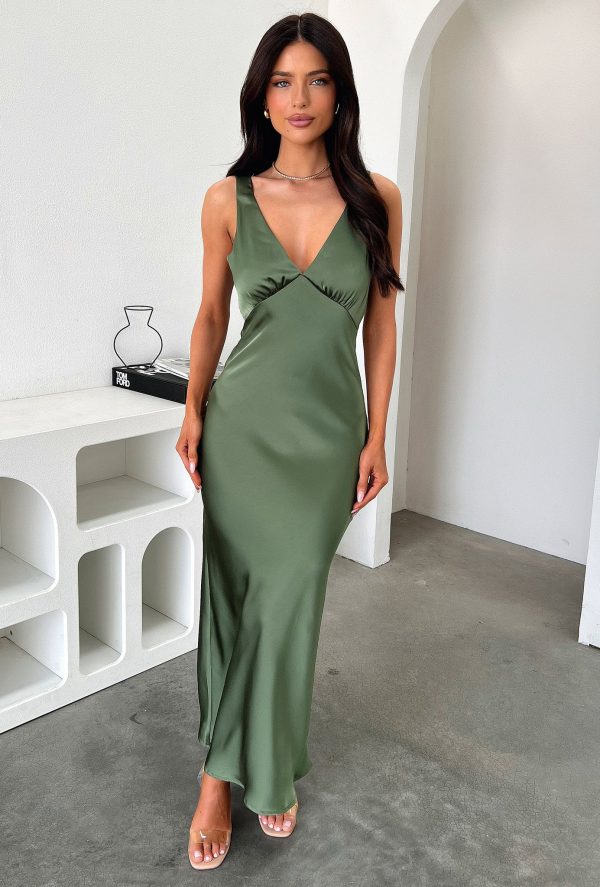 Delayne V-Neck Satin Midi Dress - Olive Online now