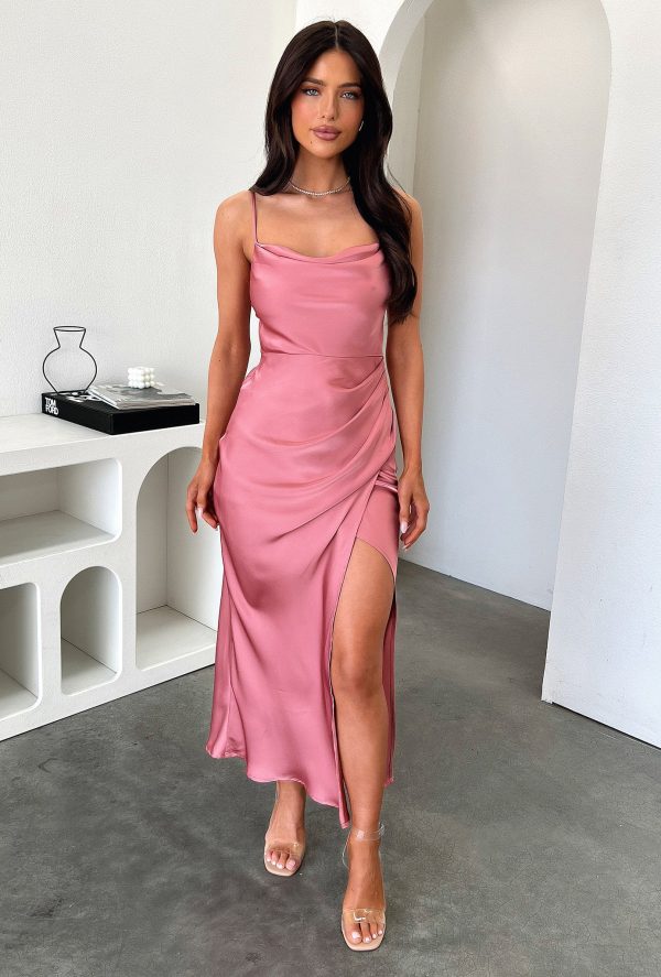 Evelyn Satin Cowl Neck Midi Dress - Rose Hot on Sale