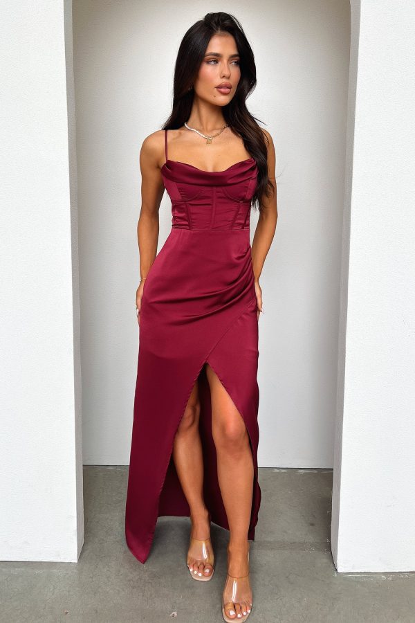 Aiana Satin Maxi Dress - Burgundy on Sale