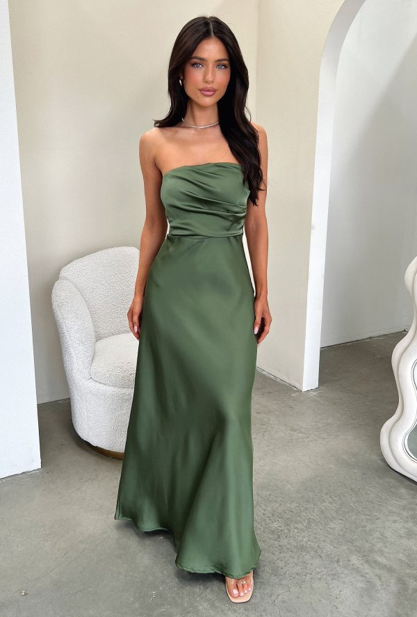 Elio Strapless Satin Maxi Dress - Olive Online Sale