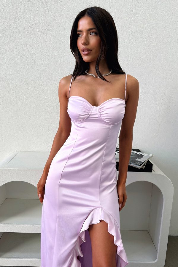 Lauren Ruffle Trim Satin Maxi Dress - Lilac For Sale